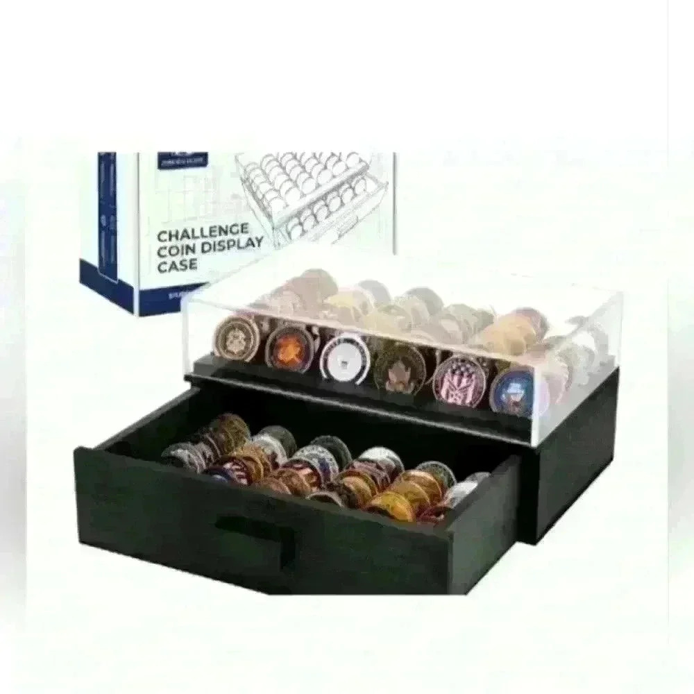 Wood Challenge Coin Display with Clear Cover US Military Coin Display Case Black